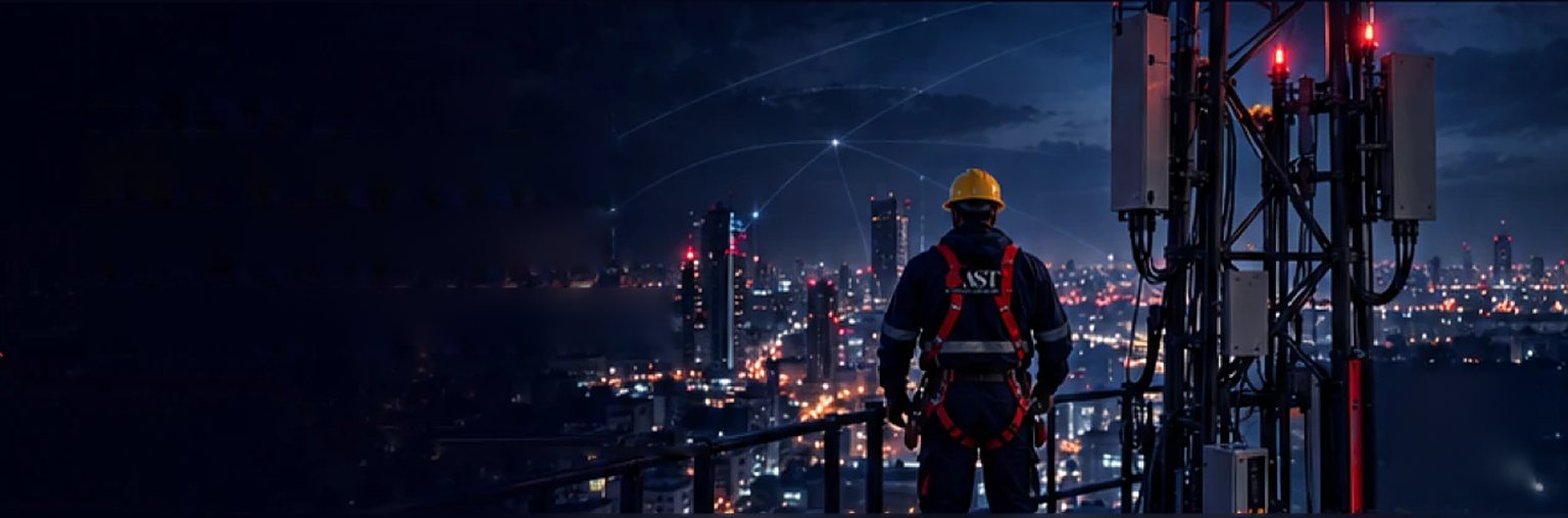 AST technician on a rooftop beside a telecom mast, looking over the city at night