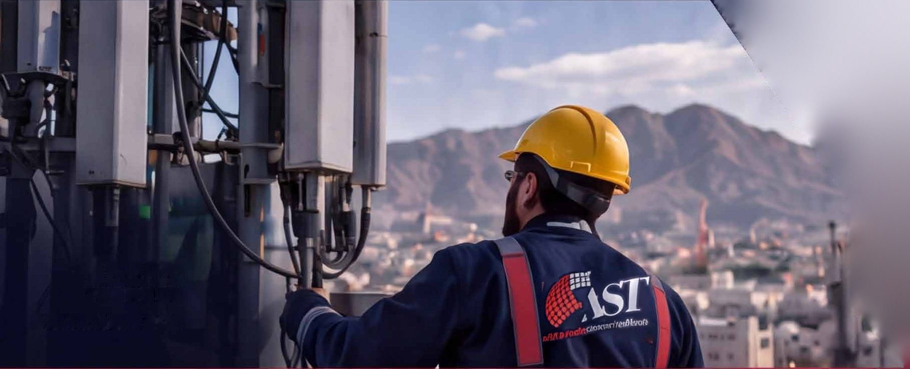 مهندس من ⁨AST⁩ في موقع اتصالات على سطح مبنى قبالة جبال الحجر
