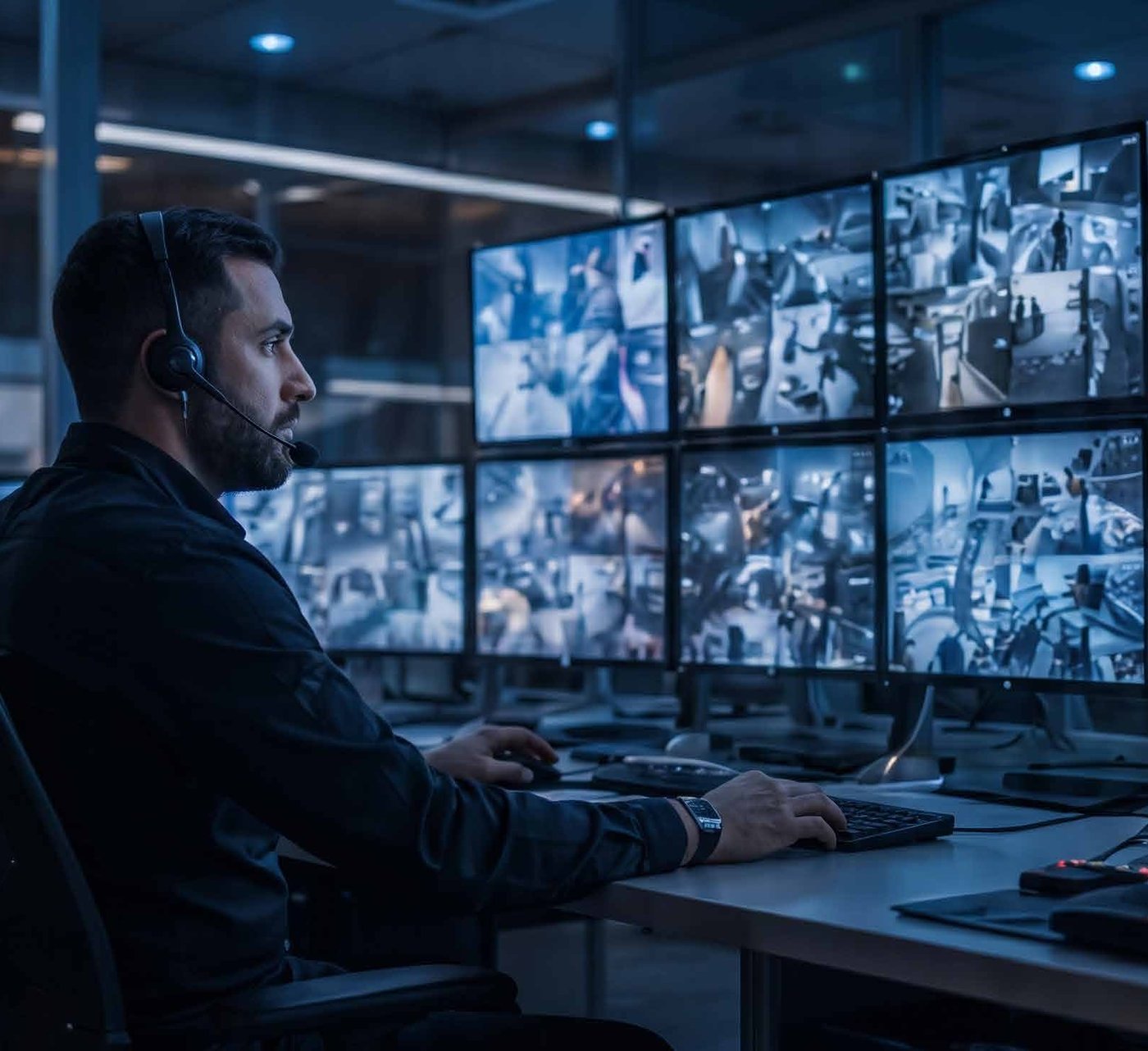 مشغّل يراقب جدار شاشات كاميرات المراقبة (⁨CCTV⁩) في غرفة التحكم