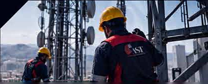 Two AST technicians working on a telecom tower above the city