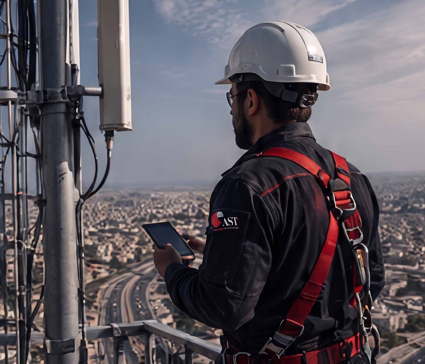 مهندس يفحص موقع برج على سطح مبنى