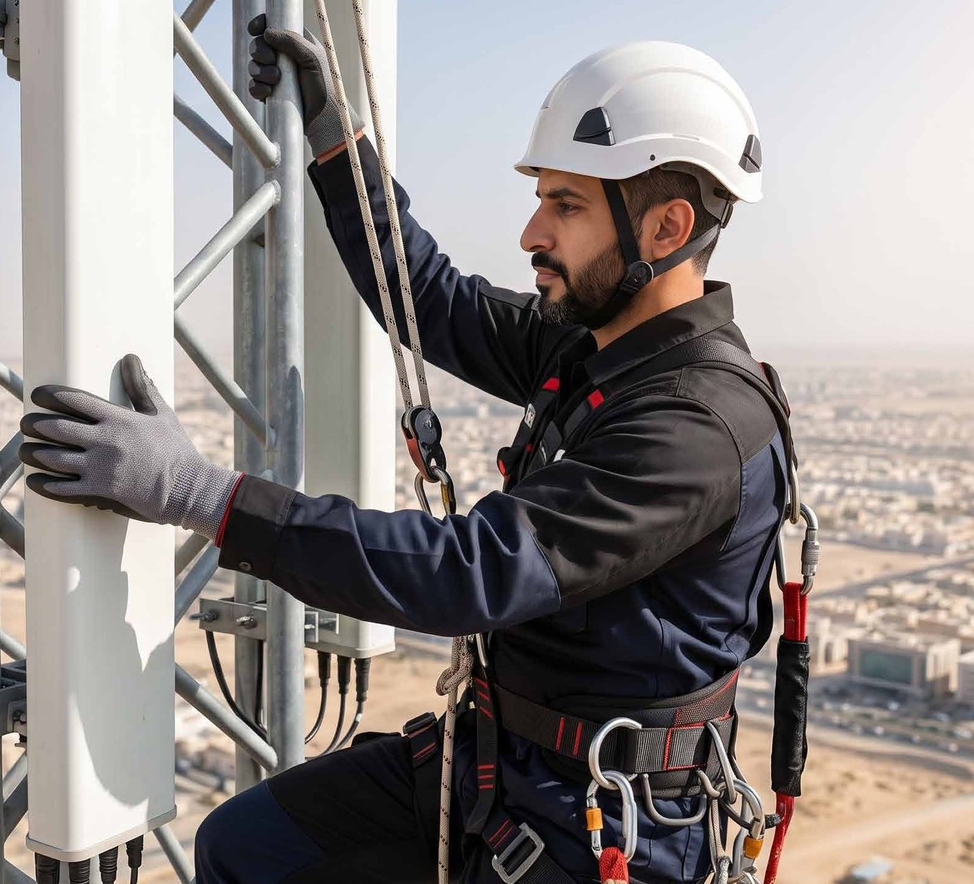 فني يركّب معدات اتصالات على برج