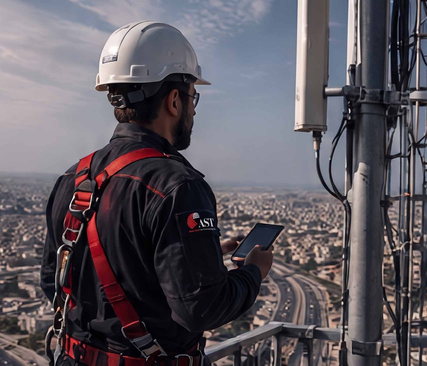 Engineer inspecting a rooftop tower site