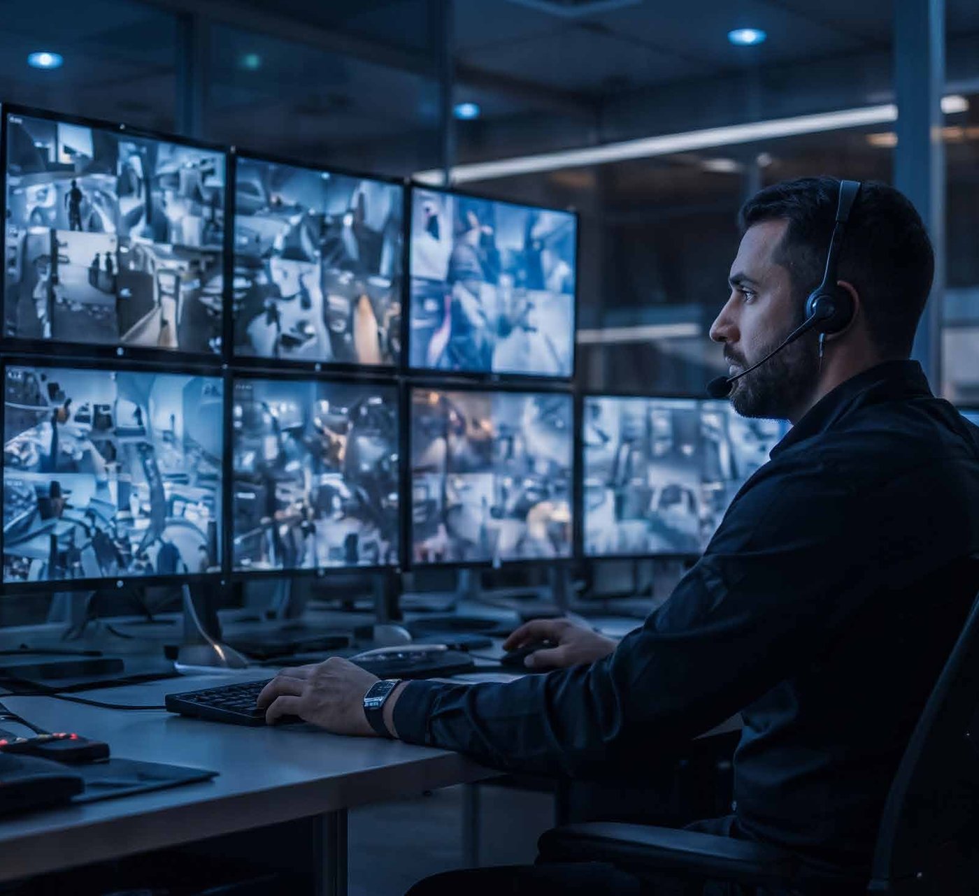 Operator monitoring a CCTV control-room wall