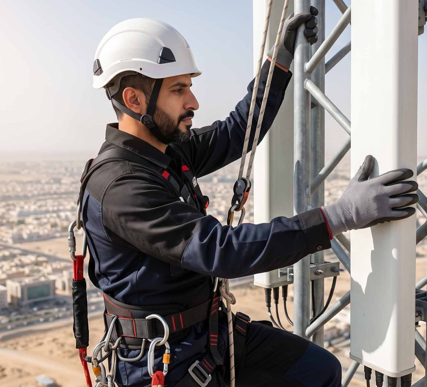 Technician installing telecom equipment on a tower